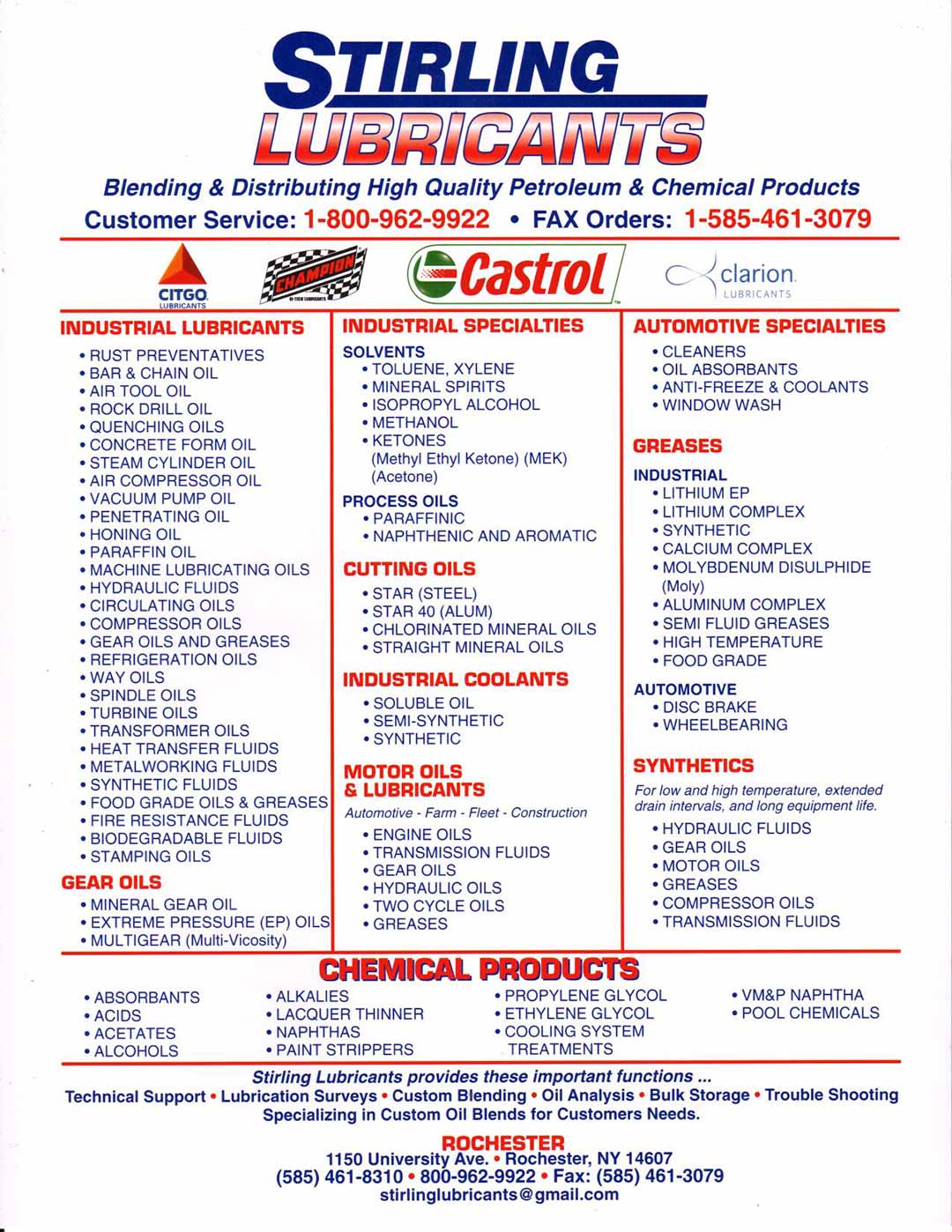 Lubricant products flyer | Rochester, NY | Stirling Lubricants